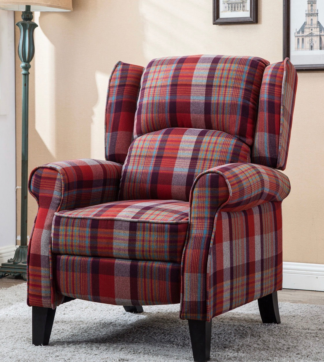 Home Stuff Eaton Red Check Wingback Fireside Pushback Recliner Chair